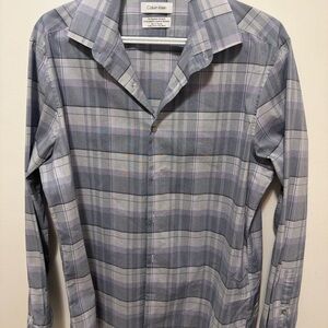 Calvin Klein Men's Light Gray and Lavender Plaid Button-Down Shirt